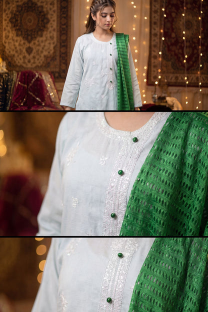 Azadi Grace: White embroidered Shirt with Green Accent Buttons And Dubatta