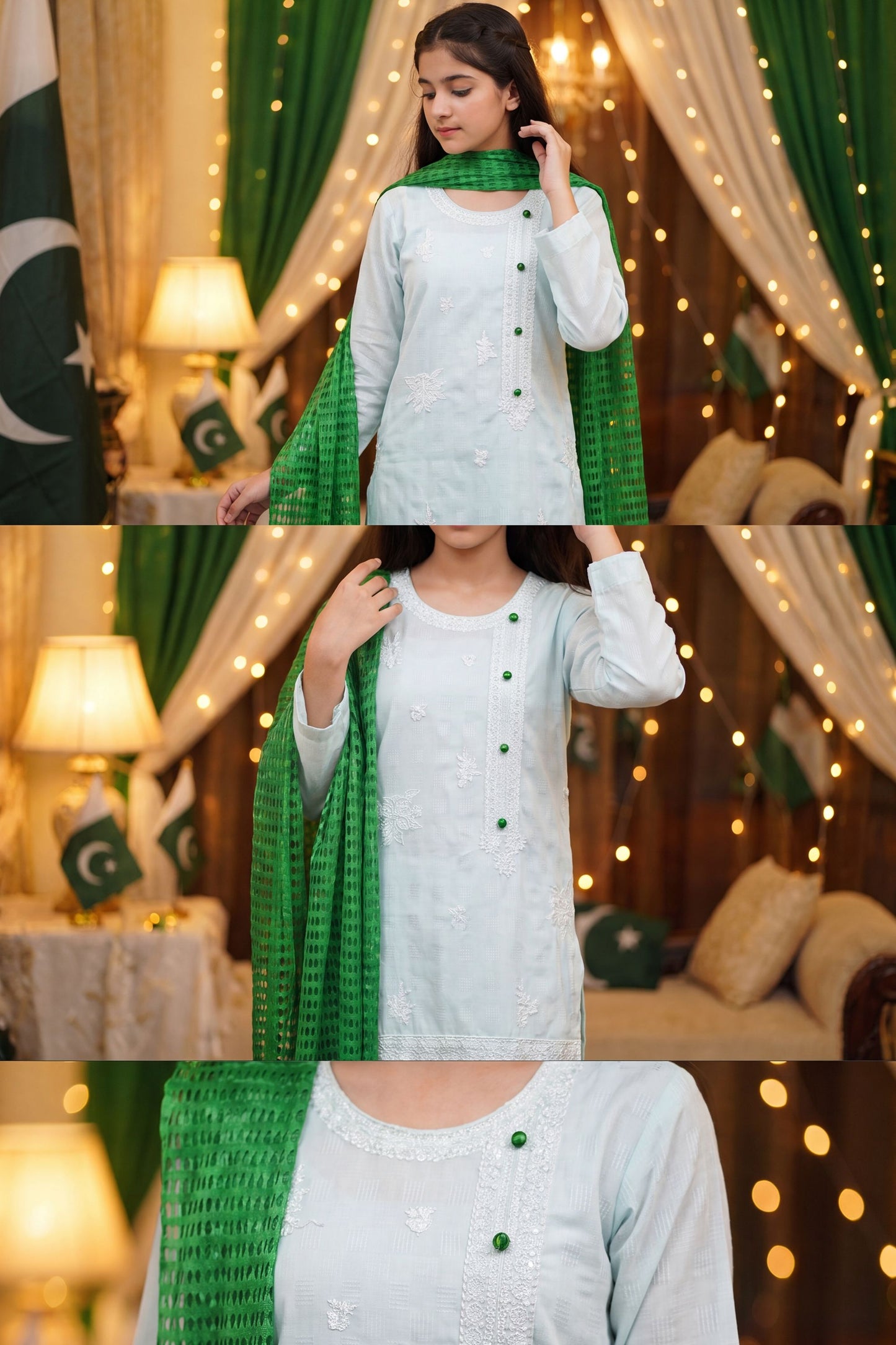 Azadi Grace: White embroidered Shirt with Green Accent Buttons And Dubatta