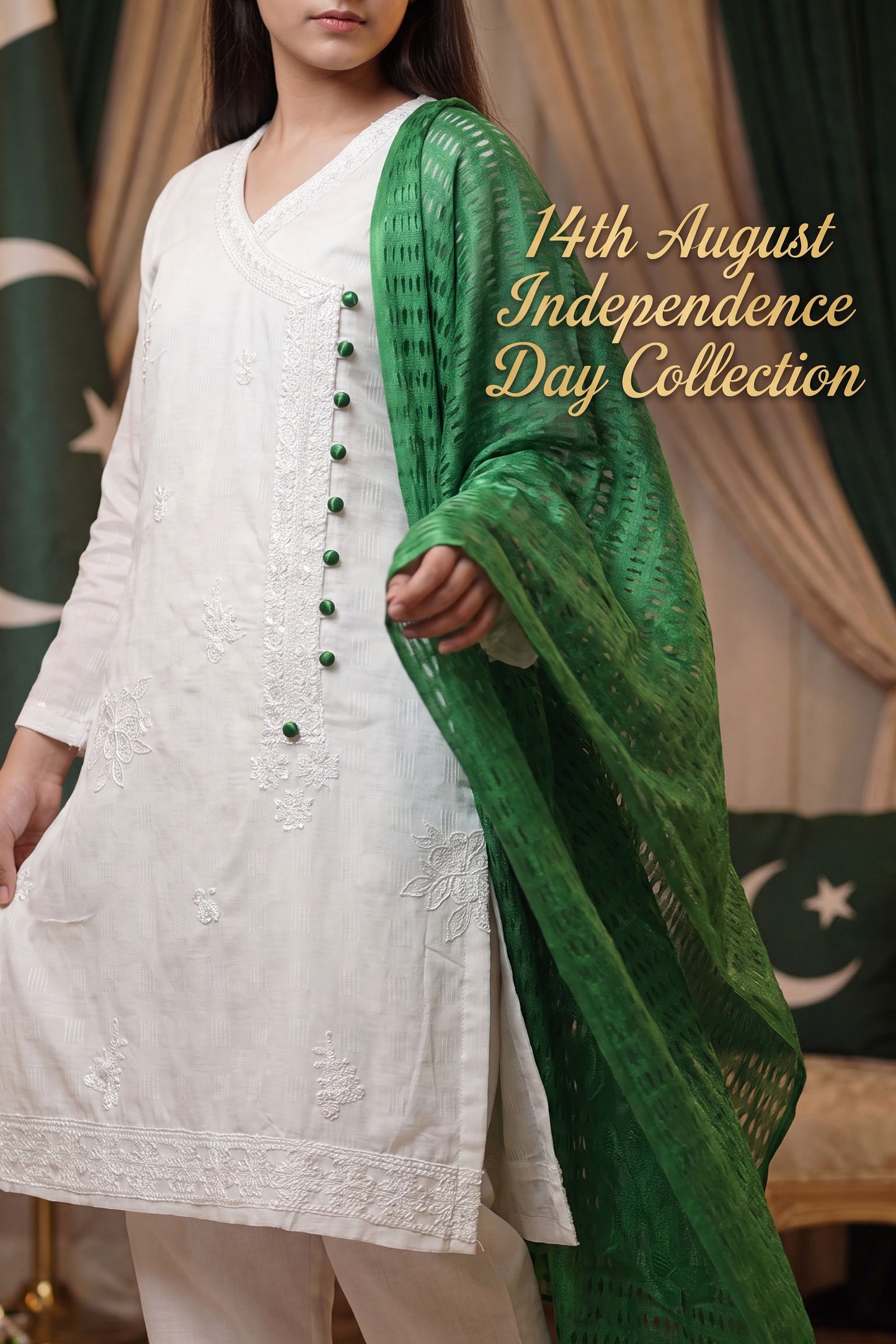 Azadi Grace: White embroidered Shirt with Green Accent Buttons And Dubatta