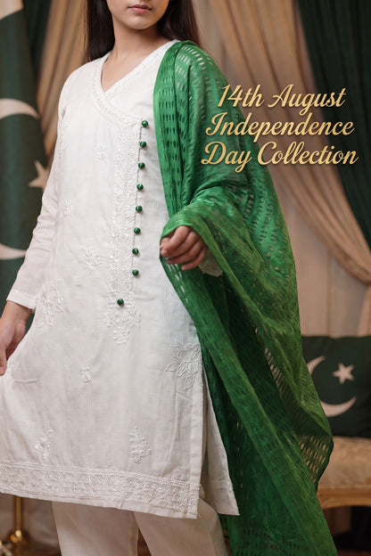 Azadi Grace: White embroidered Shirt with Green Accent Buttons And Dubatta