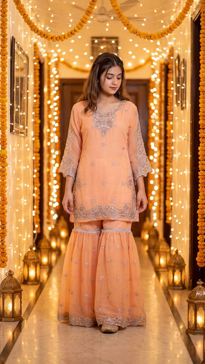 AFIA  - Peach Pastel Silver-Embroidered Gharara Set