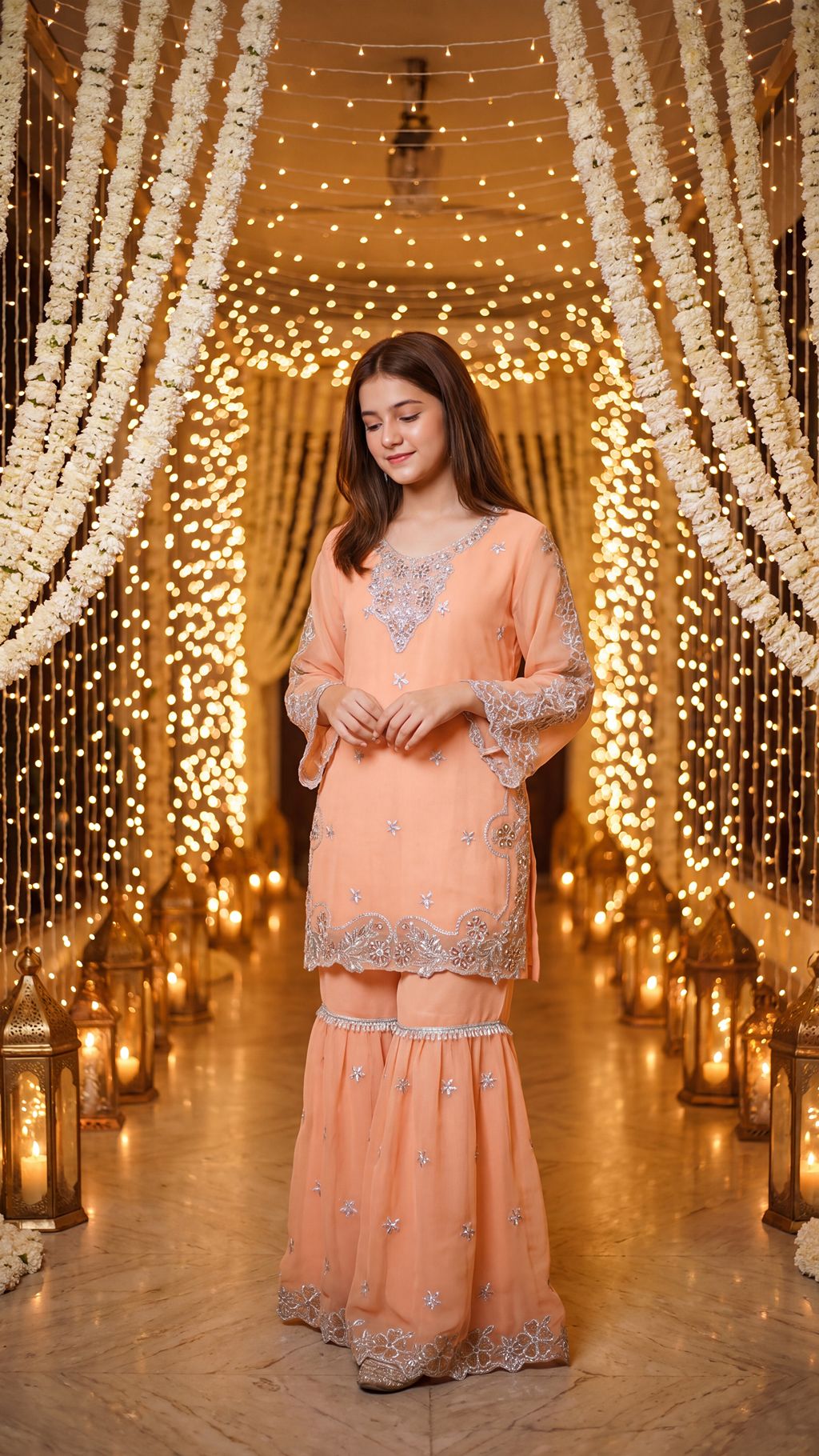 AFIA  - Peach Pastel Silver-Embroidered Gharara Set