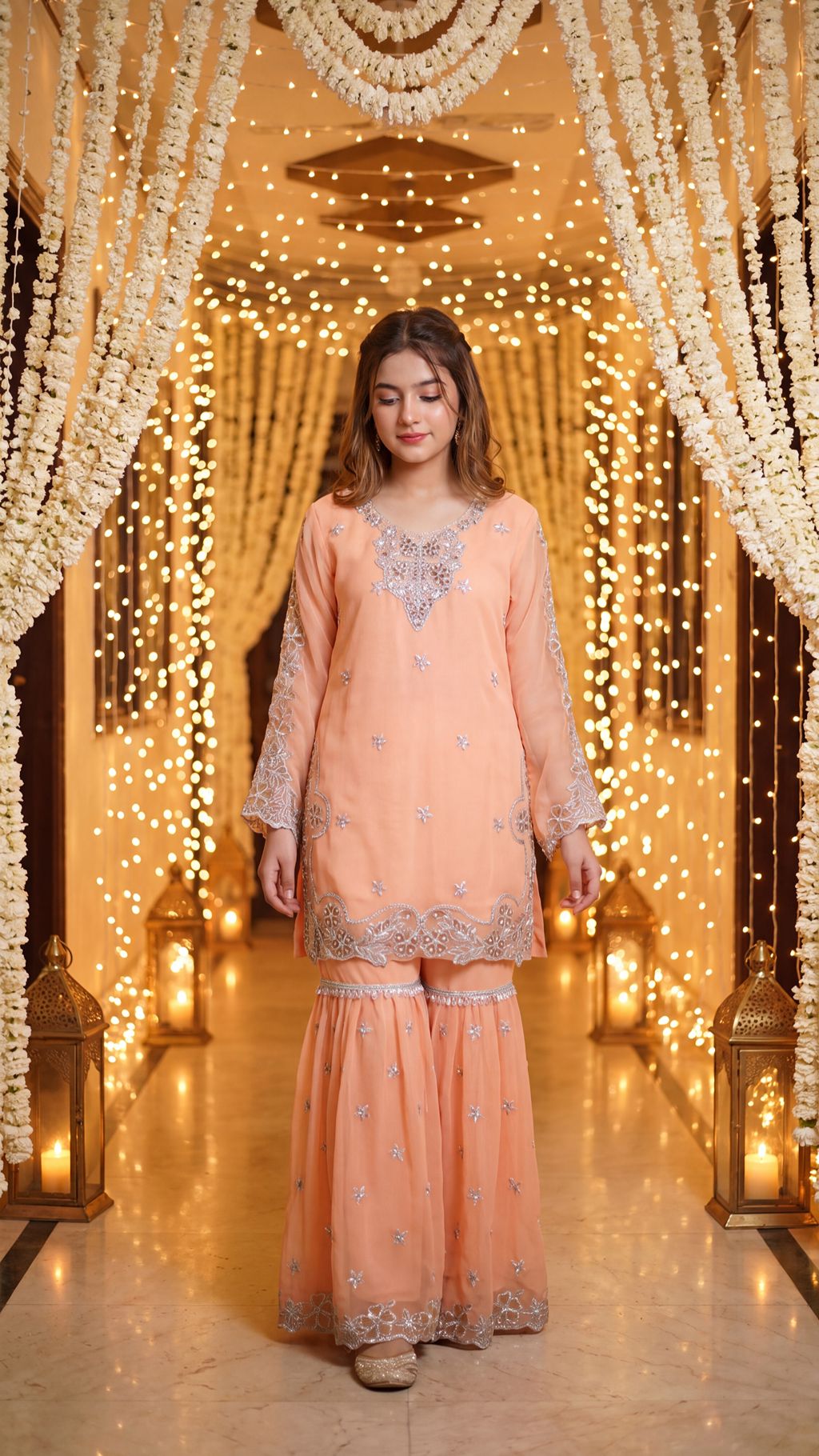 AFIA  - Peach Pastel Silver-Embroidered Gharara Set
