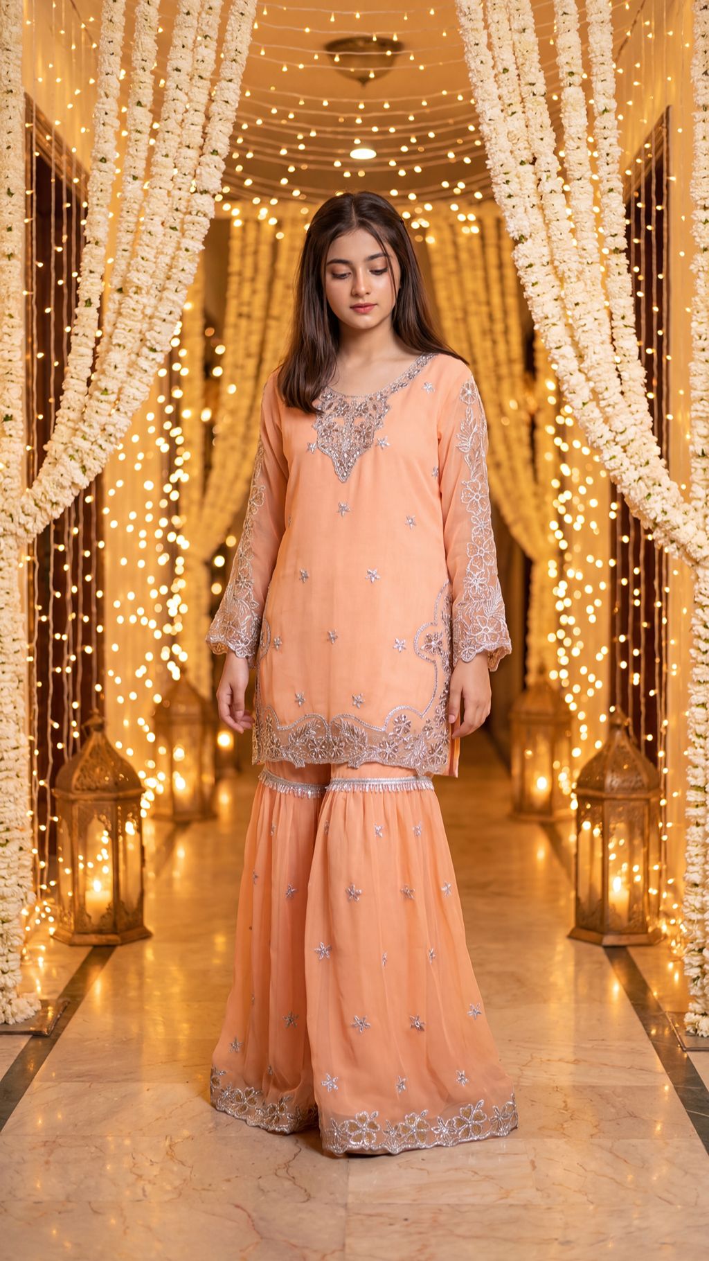 AFIA  - Peach Pastel Silver-Embroidered Gharara Set
