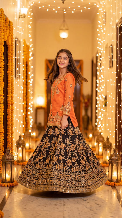 Mehrunisa - Vibrant Orange & Black Embroidered Lehenga Set