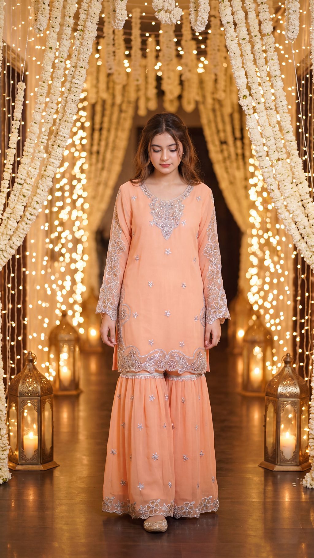 AFIA  - Peach Pastel Silver-Embroidered Gharara Set