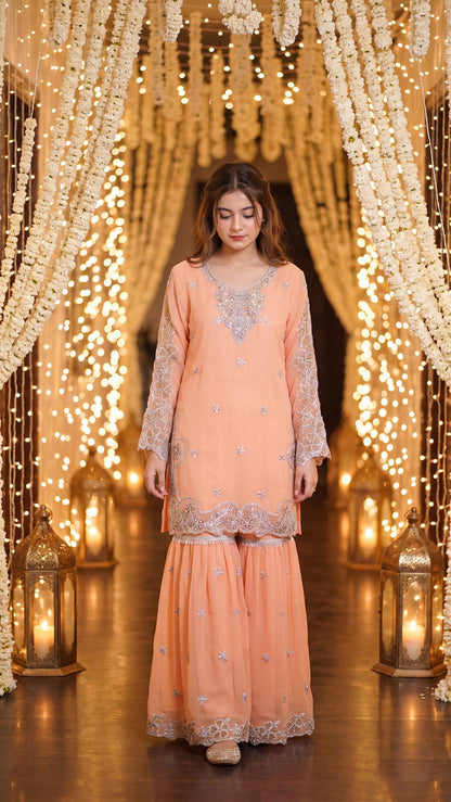 AFIA  - Peach Pastel Silver-Embroidered Gharara Set