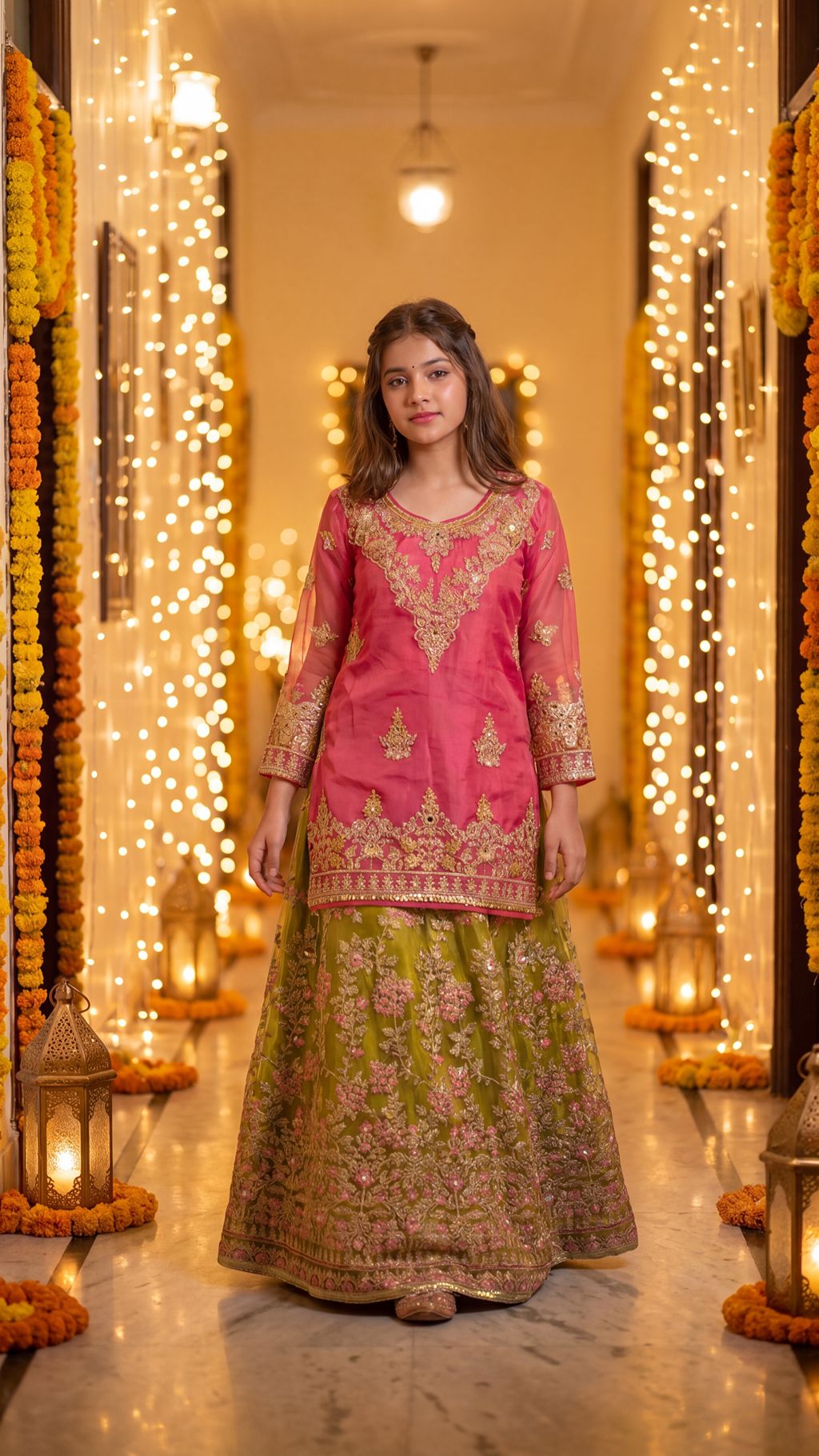 Mahnoor - Pink & Olive Embroidered Lehenga  Set