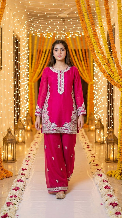 Natasha - Fuchsia Pink Silver-Embroidered Kurta & Trouser Set