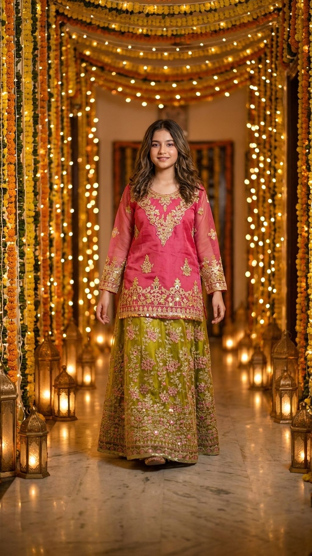 Mahnoor - Pink & Olive Embroidered Lehenga  Set