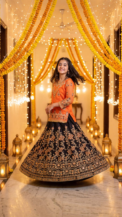 Mehrunisa - Vibrant Orange & Black Embroidered Lehenga Set