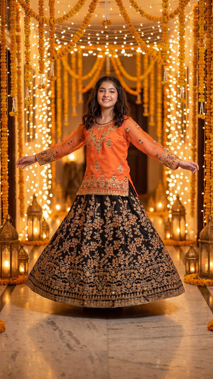 Mehrunisa - Vibrant Orange & Black Embroidered Lehenga Set