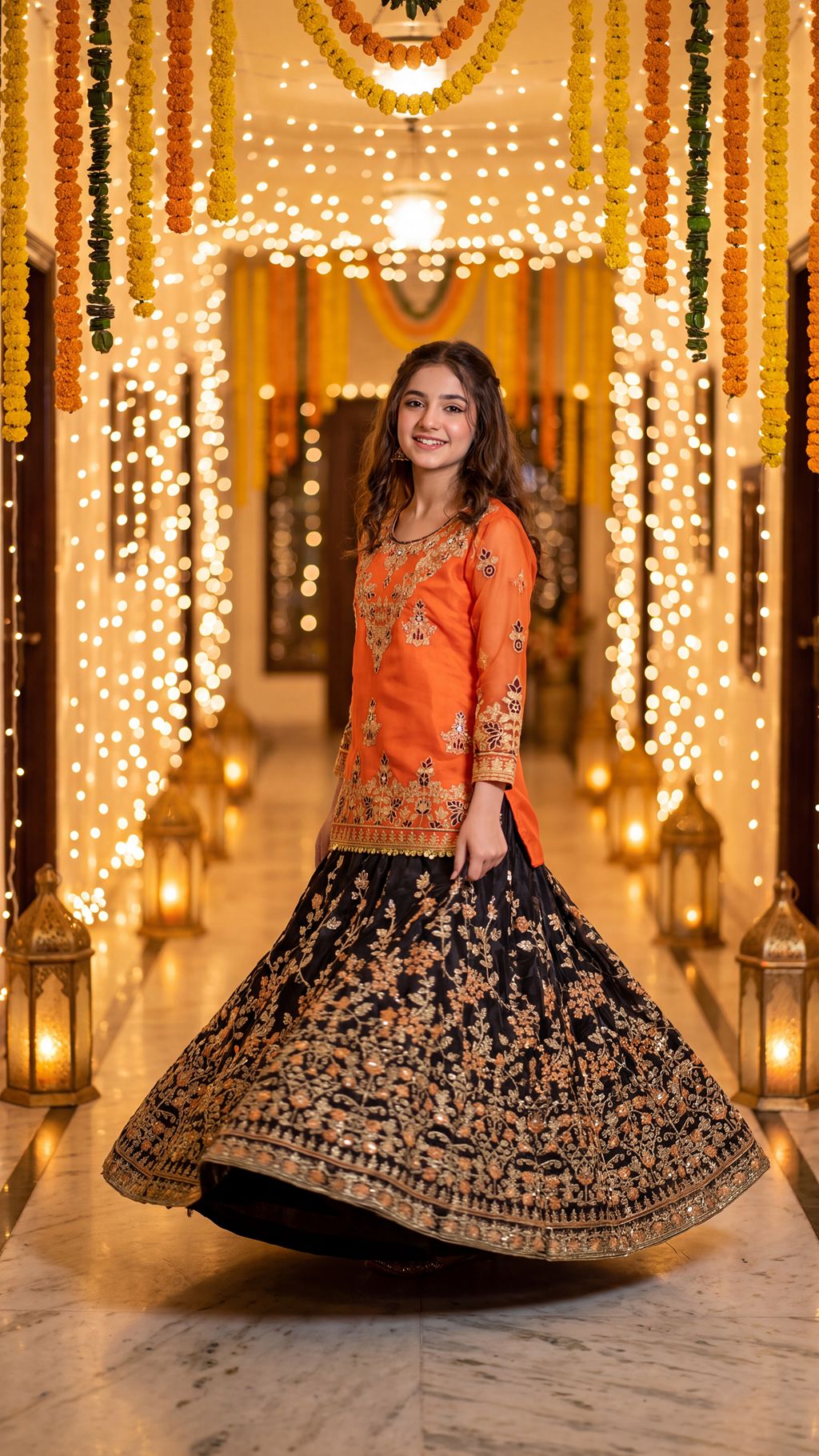 Mehrunisa - Vibrant Orange & Black Embroidered Lehenga Set