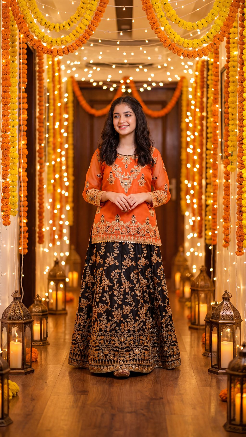 Mehrunisa - Vibrant Orange & Black Embroidered Lehenga Set