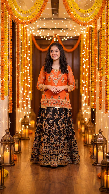 Mehrunisa - Vibrant Orange & Black Embroidered Lehenga Set
