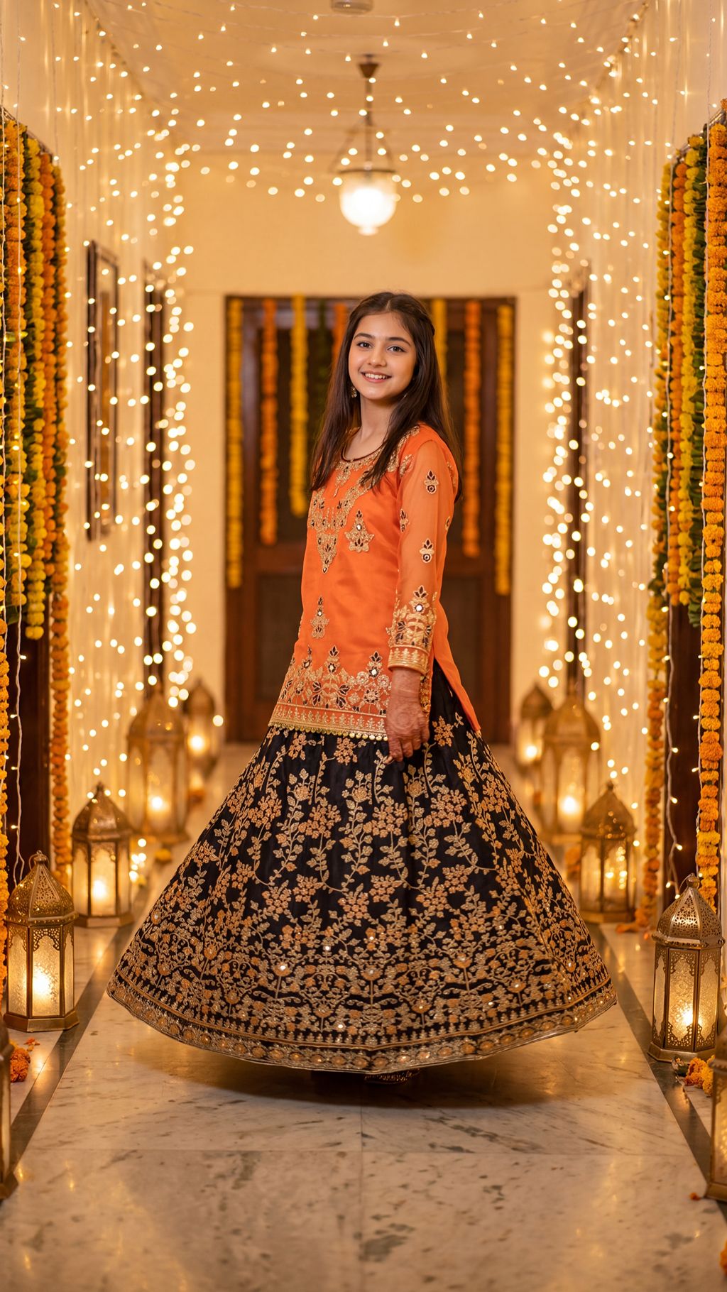 Mehrunisa - Vibrant Orange & Black Embroidered Lehenga Set