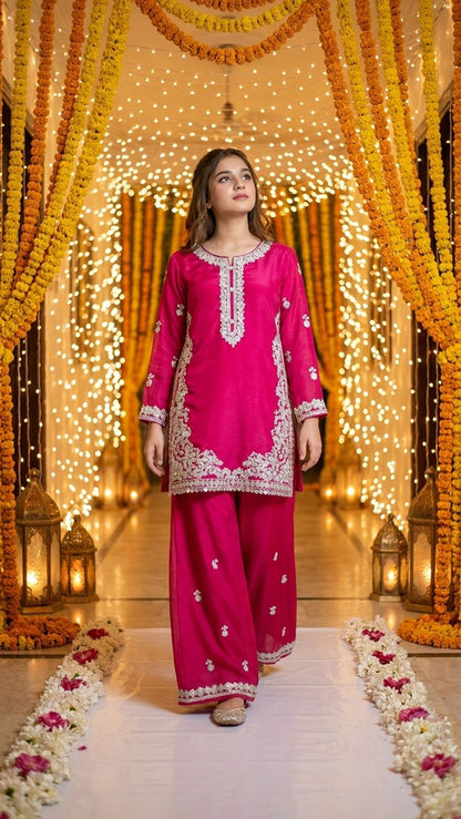 Natasha - Fuchsia Pink Silver-Embroidered Kurta & Trouser Set