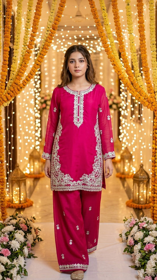 Natasha - Fuchsia Pink Silver-Embroidered Kurta & Trouser Set