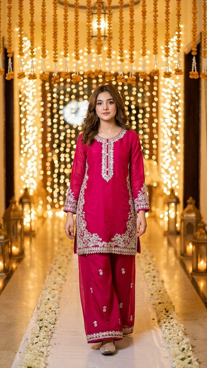 Natasha - Fuchsia Pink Silver-Embroidered Kurta & Trouser Set