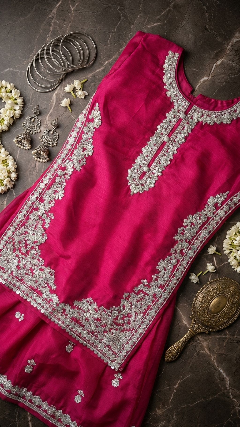 Natasha - Fuchsia Pink Silver-Embroidered Kurta & Trouser Set