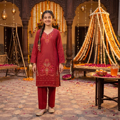 3 Piece Suit Deep Crimson Gilded Embroidery Tunic & Tapered Pants Set