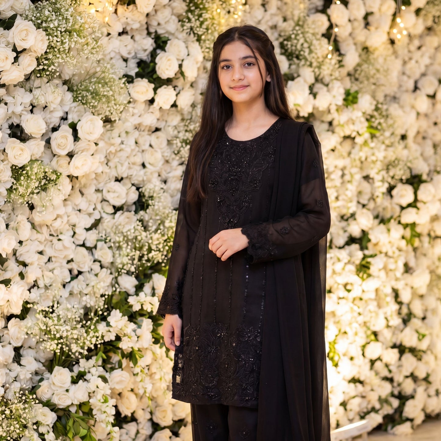 3-Piece  Suit Elegant Jet Black Embroidered Chiffon
