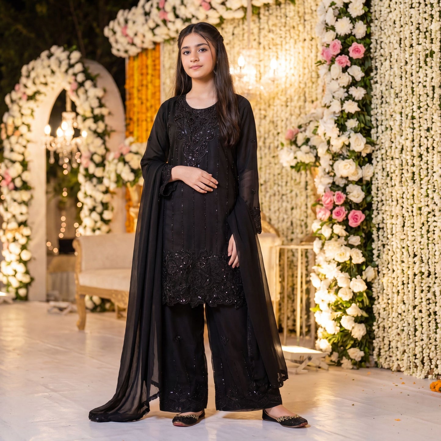 3-Piece  Suit Elegant Jet Black Embroidered Chiffon