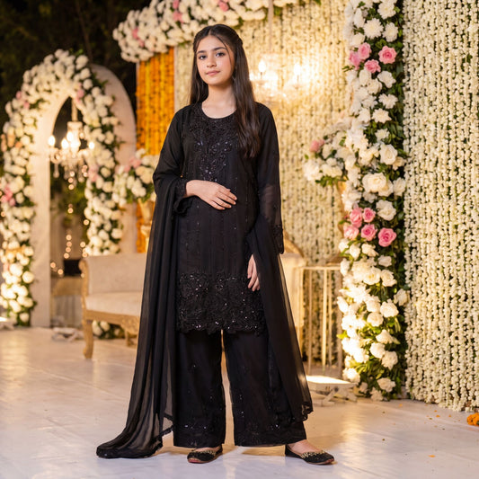 3-Piece  Suit Elegant Jet Black Embroidered Chiffon