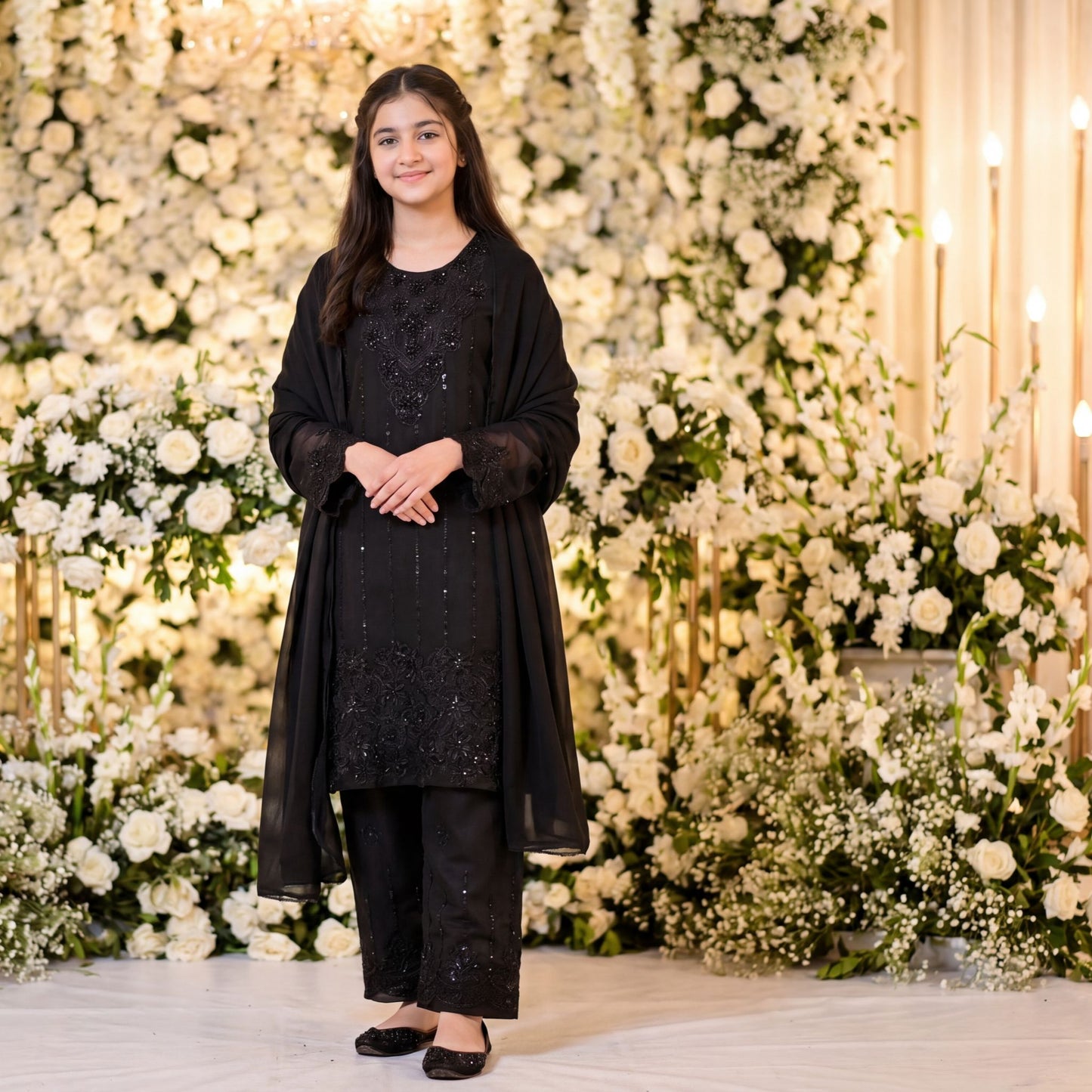 3-Piece  Suit Elegant Jet Black Embroidered Chiffon