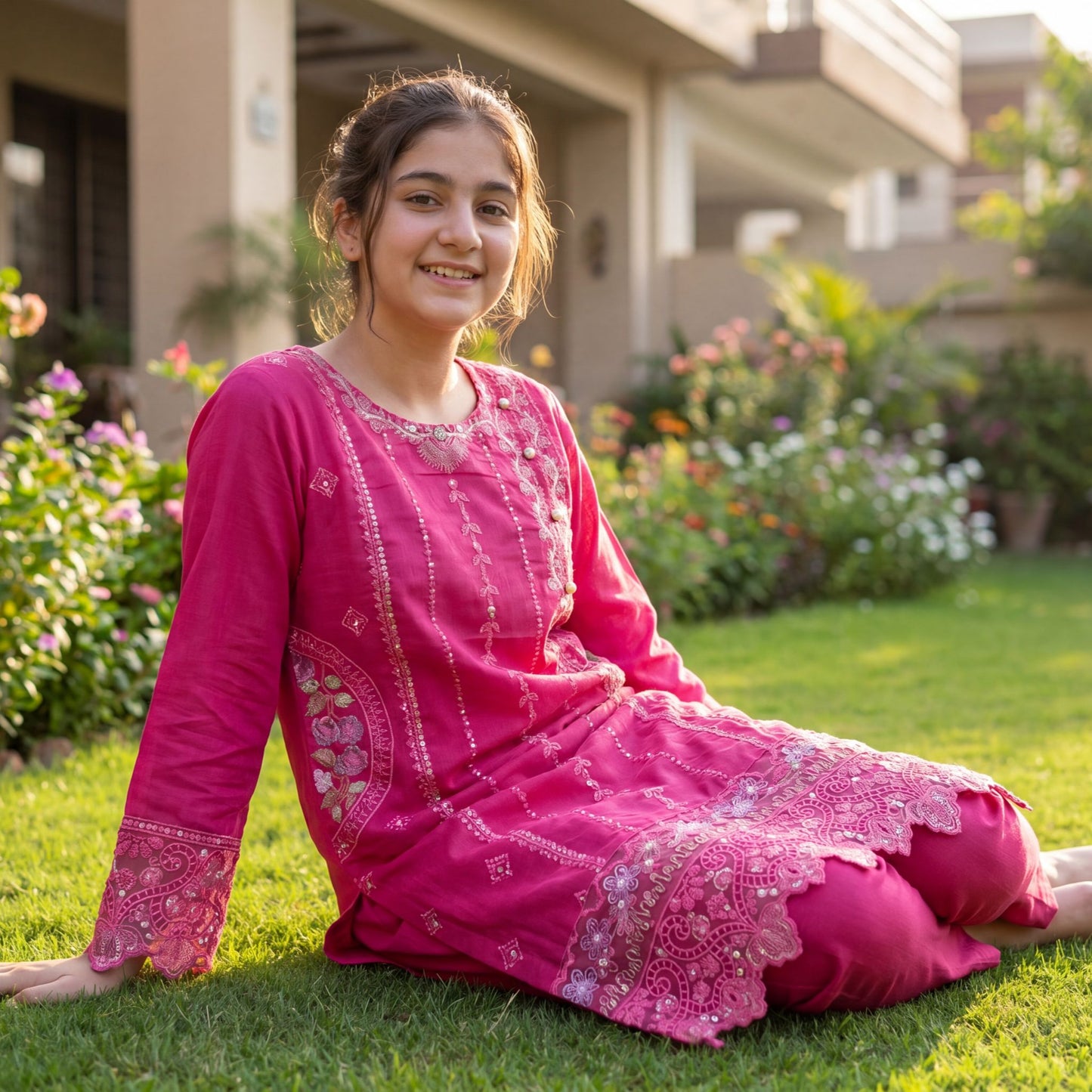 Vibrant Fuchsia Embroidered Tunic 2 Piece Set
