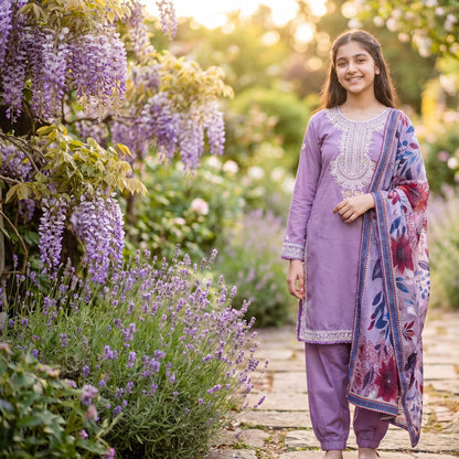 3-Piece Elegant Girl's Lavender Embroidered Cotton  Suit with Floral Printed Dupatta