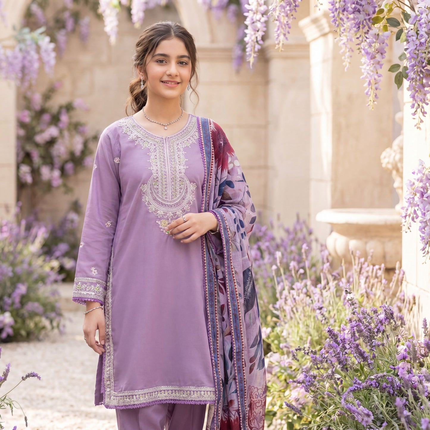 3-Piece Elegant Girl's Lavender Embroidered Cotton  Suit with Floral Printed Dupatta