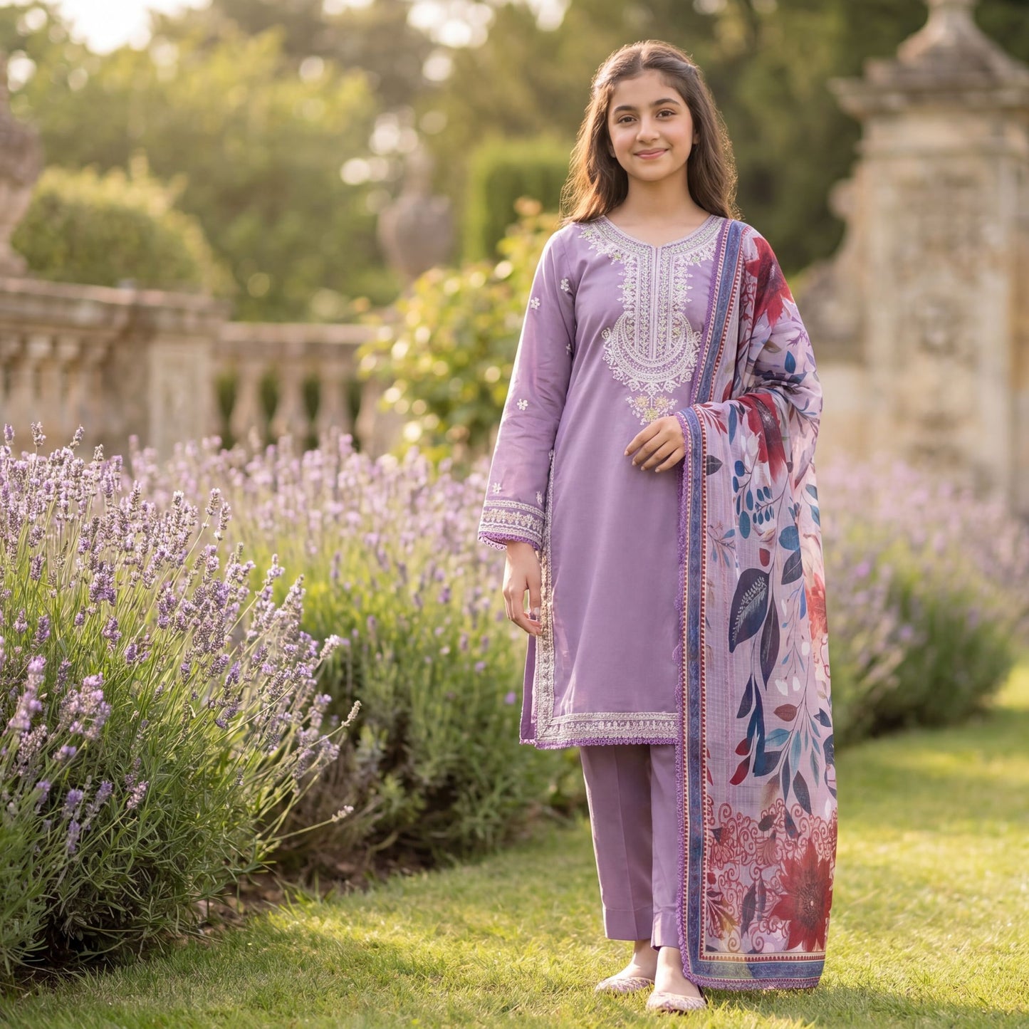3-Piece Elegant Girl's Lavender Embroidered Cotton  Suit with Floral Printed Dupatta