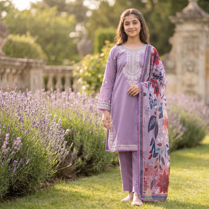 3-Piece Elegant Girl's Lavender Embroidered Cotton  Suit with Floral Printed Dupatta