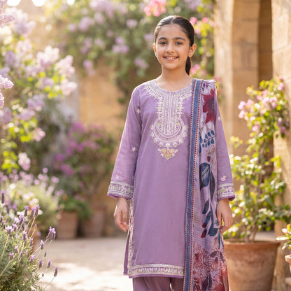 3-Piece Elegant Girl's Lavender Embroidered Cotton  Suit with Floral Printed Dupatta