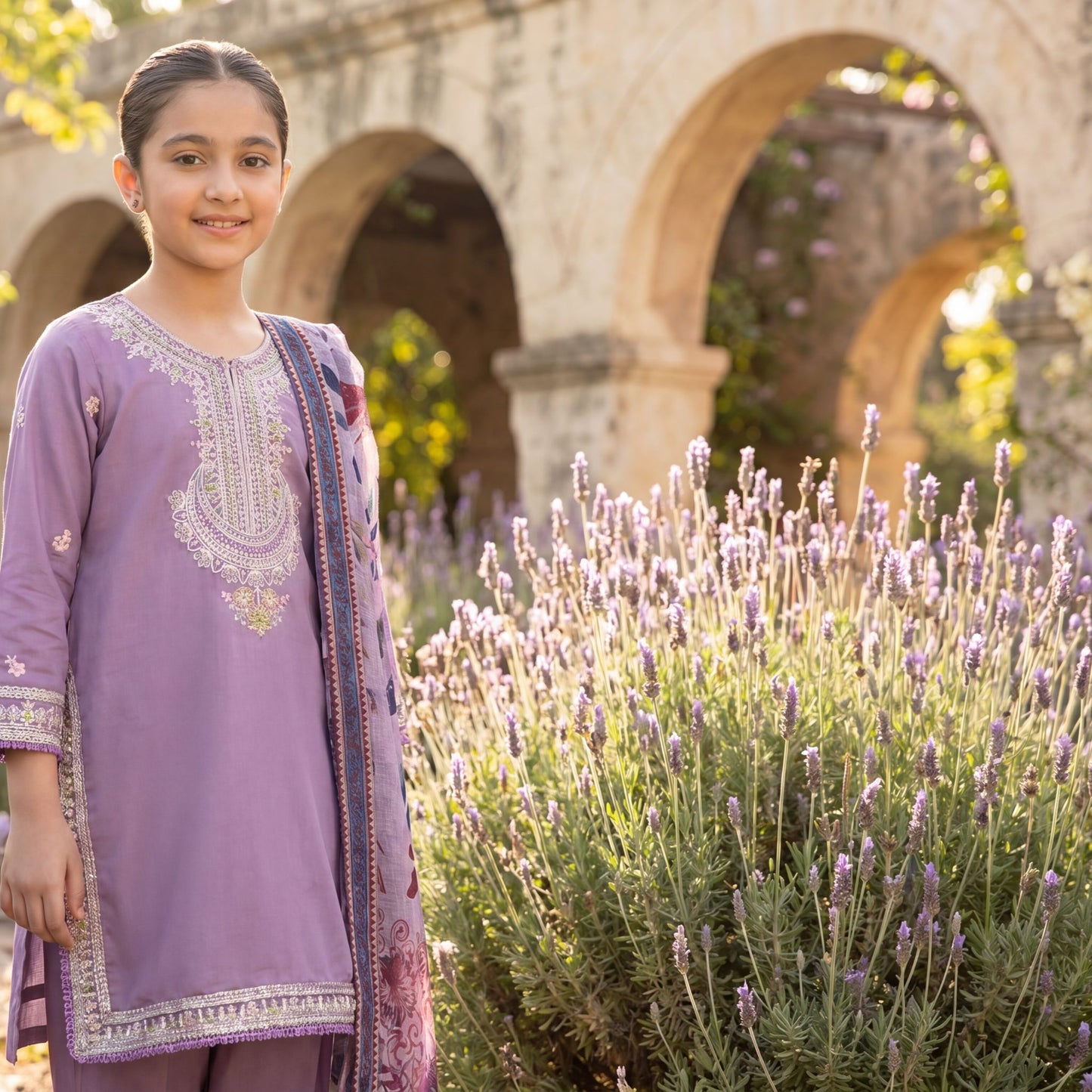 3-Piece Elegant Girl's Lavender Embroidered Cotton  Suit with Floral Printed Dupatta
