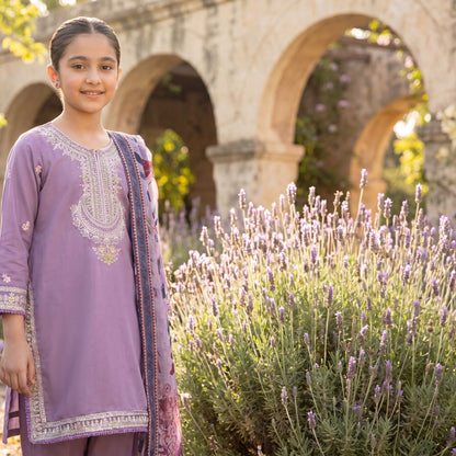 3-Piece Elegant Girl's Lavender Embroidered Cotton  Suit with Floral Printed Dupatta
