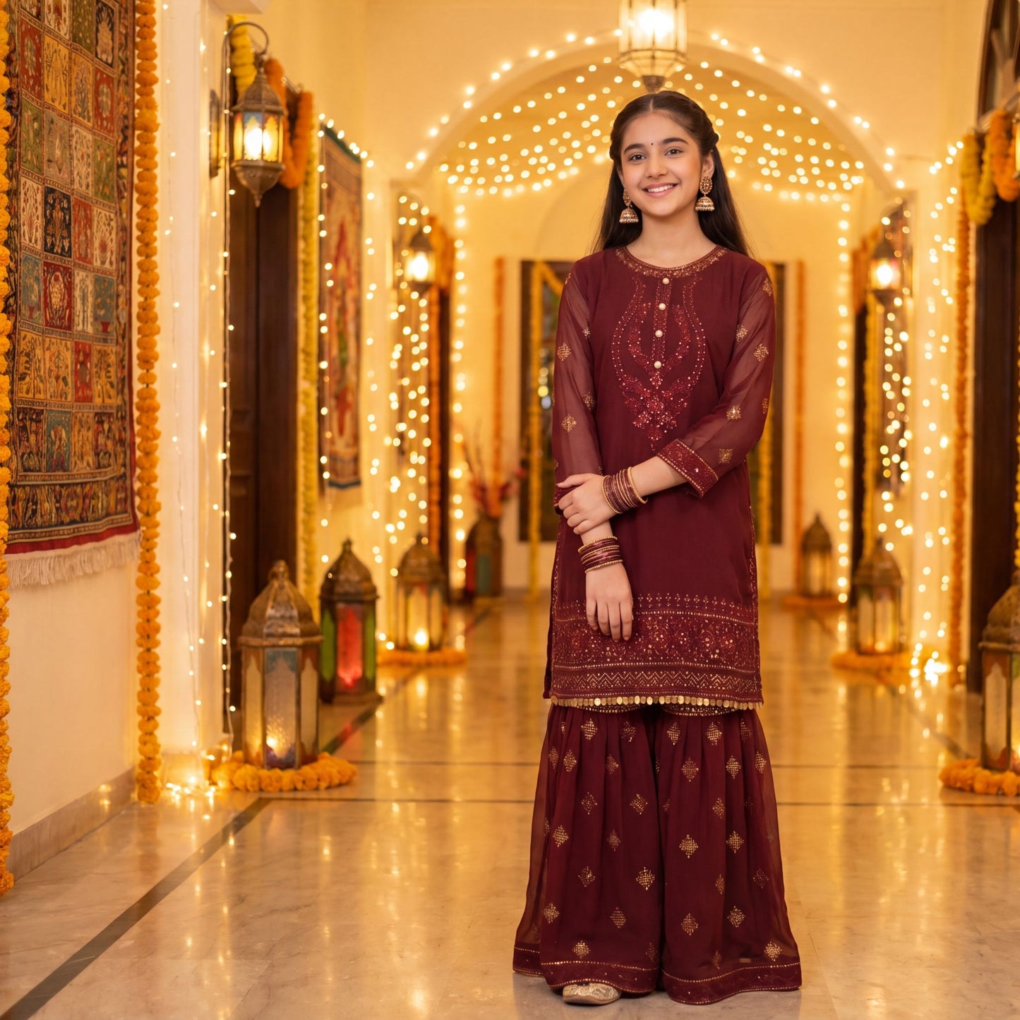 Elegant Deep Burgundy Georgette  Gharara Suit for Girls