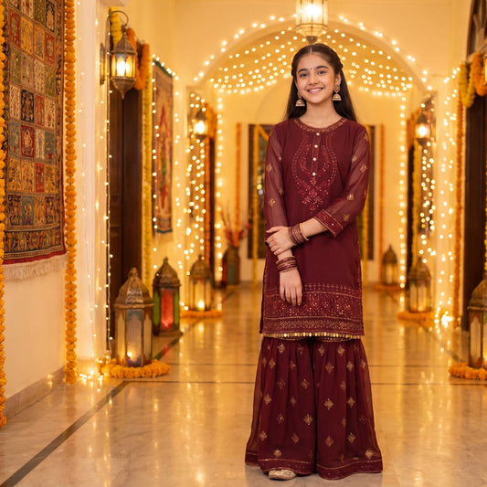 Elegant Deep Burgundy Georgette  Gharara Suit for Girls