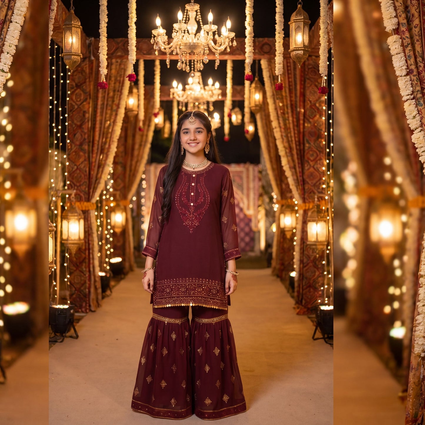 Elegant Deep Burgundy Georgette  Gharara Suit for Girls