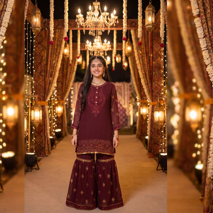 Elegant Deep Burgundy Georgette  Gharara Suit for Girls