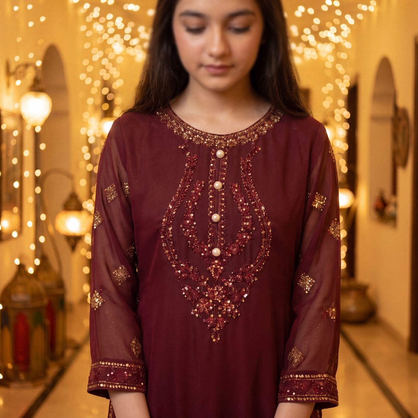 Elegant Deep Burgundy Georgette  Gharara Suit for Girls