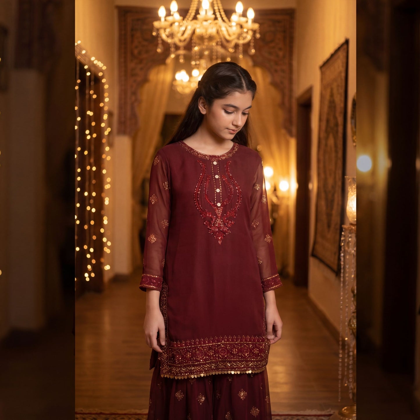 Elegant Deep Burgundy Georgette  Gharara Suit for Girls