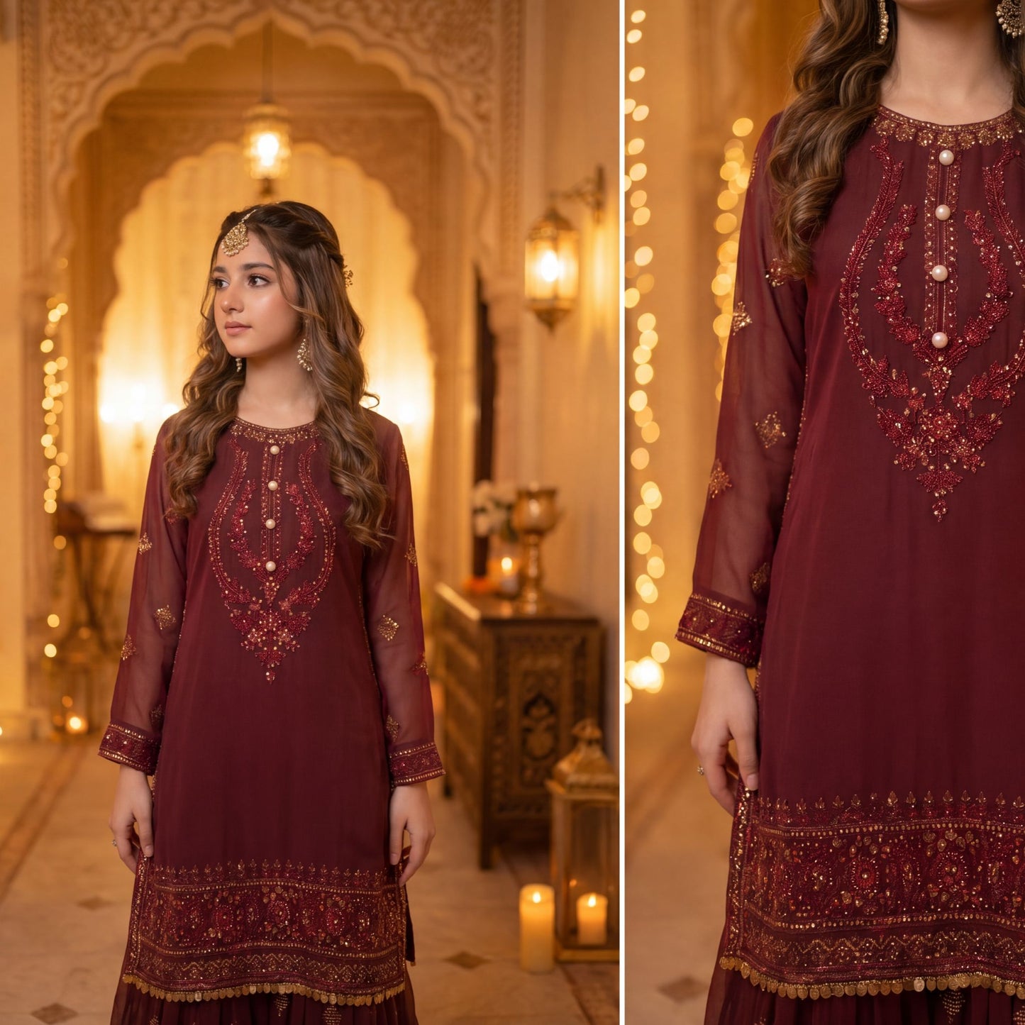 Elegant Deep Burgundy Georgette  Gharara Suit for Girls