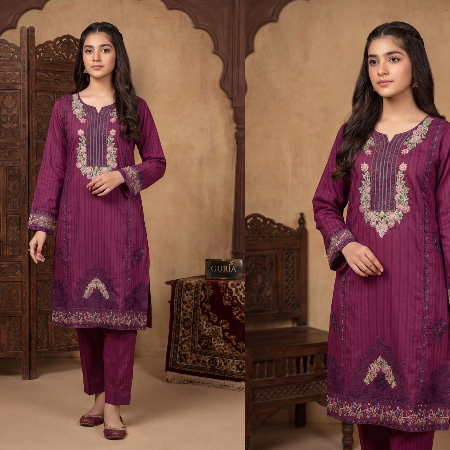 ESHA- Royal Plum Floral Embroidered 2-Piece Set (The Guria Signature)