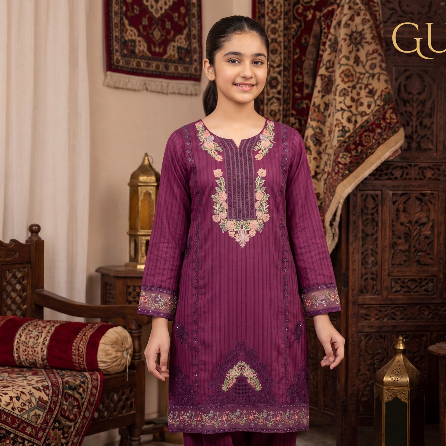 ESHA- Royal Plum Floral Embroidered 2-Piece Set (The Guria Signature)