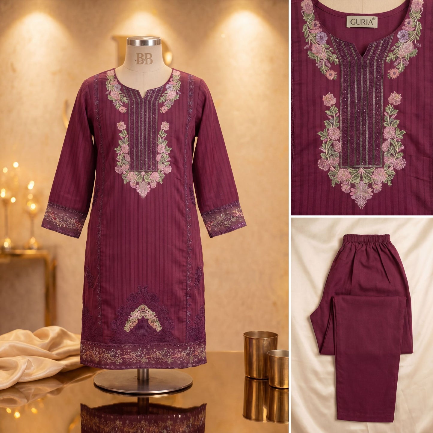 ESHA- Royal Plum Floral Embroidered 2-Piece Set (The Guria Signature)