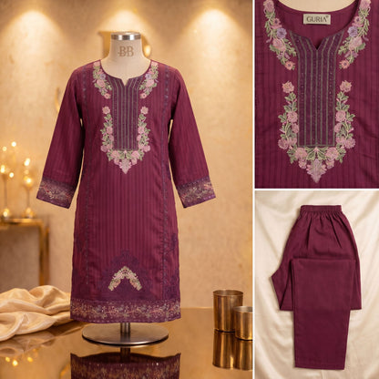 ESHA- Royal Plum Floral Embroidered 2-Piece Set (The Guria Signature)