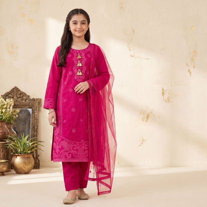 Festive Fuchsia 3-Piece Embroidered Suit with Tassel Details