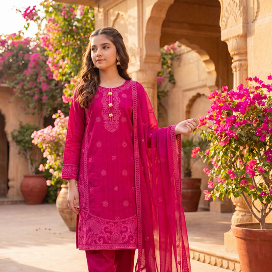Festive Fuchsia 3-Piece Embroidered Suit with Tassel Details